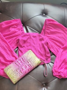 Puff Sleeve Square Neck Crop Top - Fuchsia